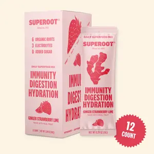 Superoot Immunity & Hydration Superfood Drink Mix - Vitamin C & Electrolytes - Ginger Strawberry Lime Flavor | 12 count