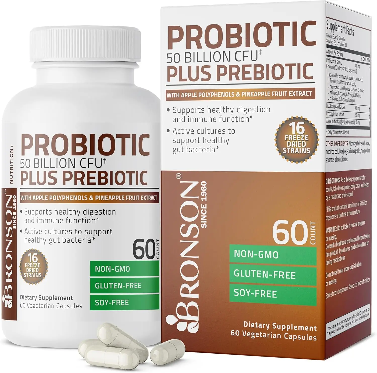 Bronson Probiotic 50 Billion CFU + Prebiotic, 60 Vegetarian Capsules | 16 Freeze-Dried Strains, Apple & Pineapple Extracts, Digestive & Immune Support, Non-GMO, Gluten-Free & Soy-Free