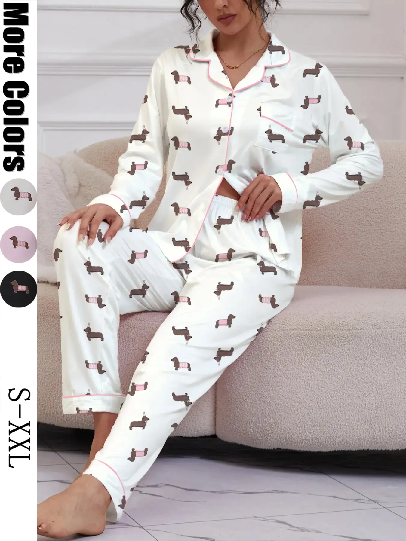 Women's Cute Sausage Dog Print Pajama Set, Long Sleeve Lapel Shirt & Elastic Pants, Casual Fall & Winter Sleepwear Loungewear Homewear Pjs