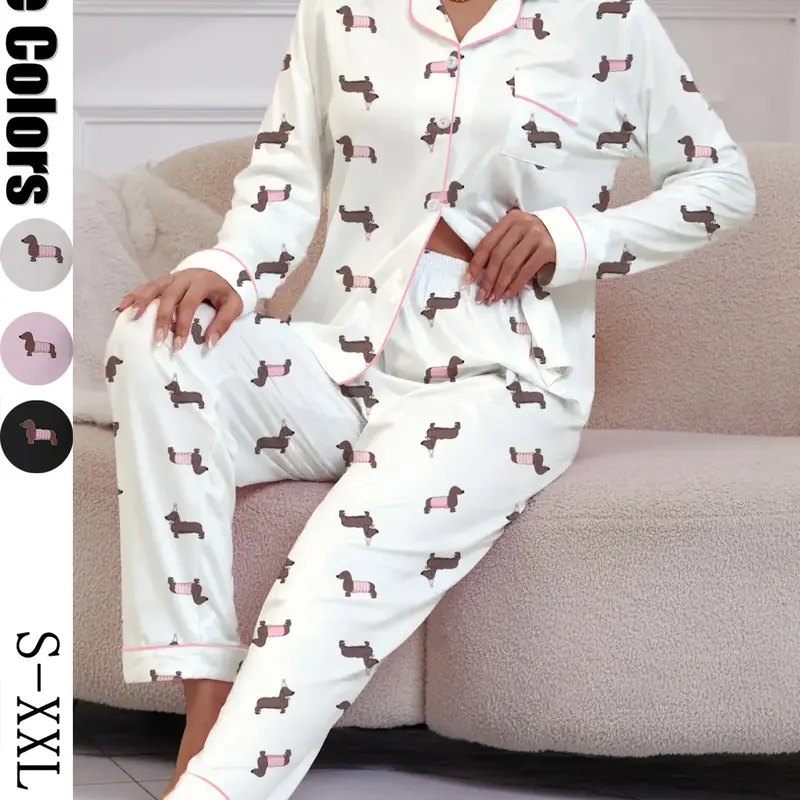 Women's Cute Sausage Dog Printed Pajama Set, Long Sleeve Lapel Shirt & Elastic Pants, Casual Fall & Winter Sleepwear Loungewear Homewear Pjs