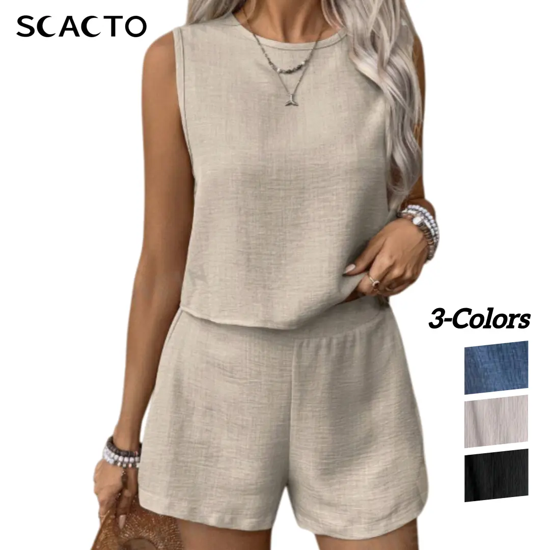 Scacto Women's 2-Piece Basic Woven Polyester Set - Lady's Simple Round Neck Camisole, Solid Color Sleeveless Casual Everyday Top & Shorts for Women's Clothes