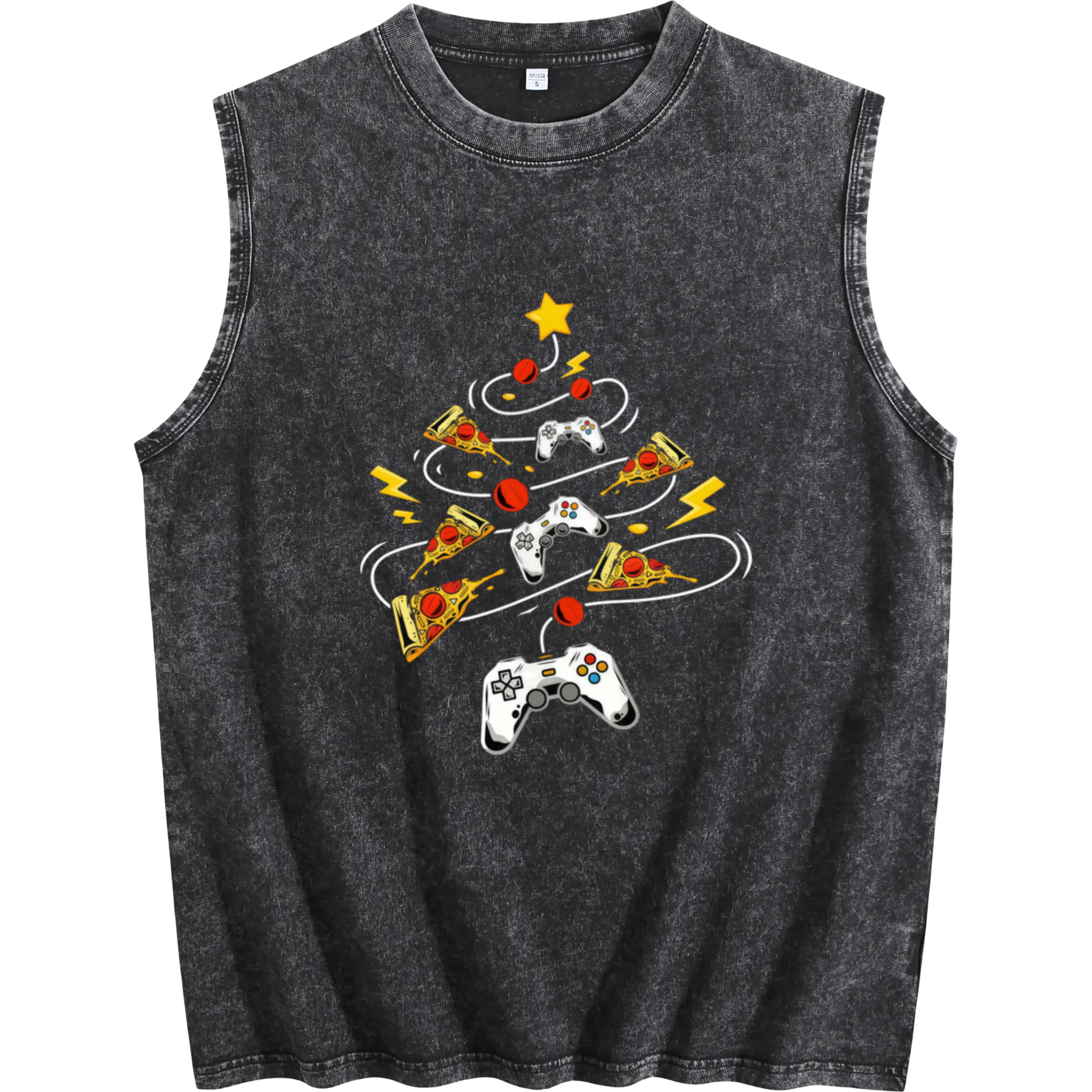 Retro Gaming Sleeveless Vest for Men & Women – Pure Cotton, Festive Video Game & Pizza Tree Design, Perfect Casual Wear for Parties and Birthdays, Machine Washable Gamer Shirt