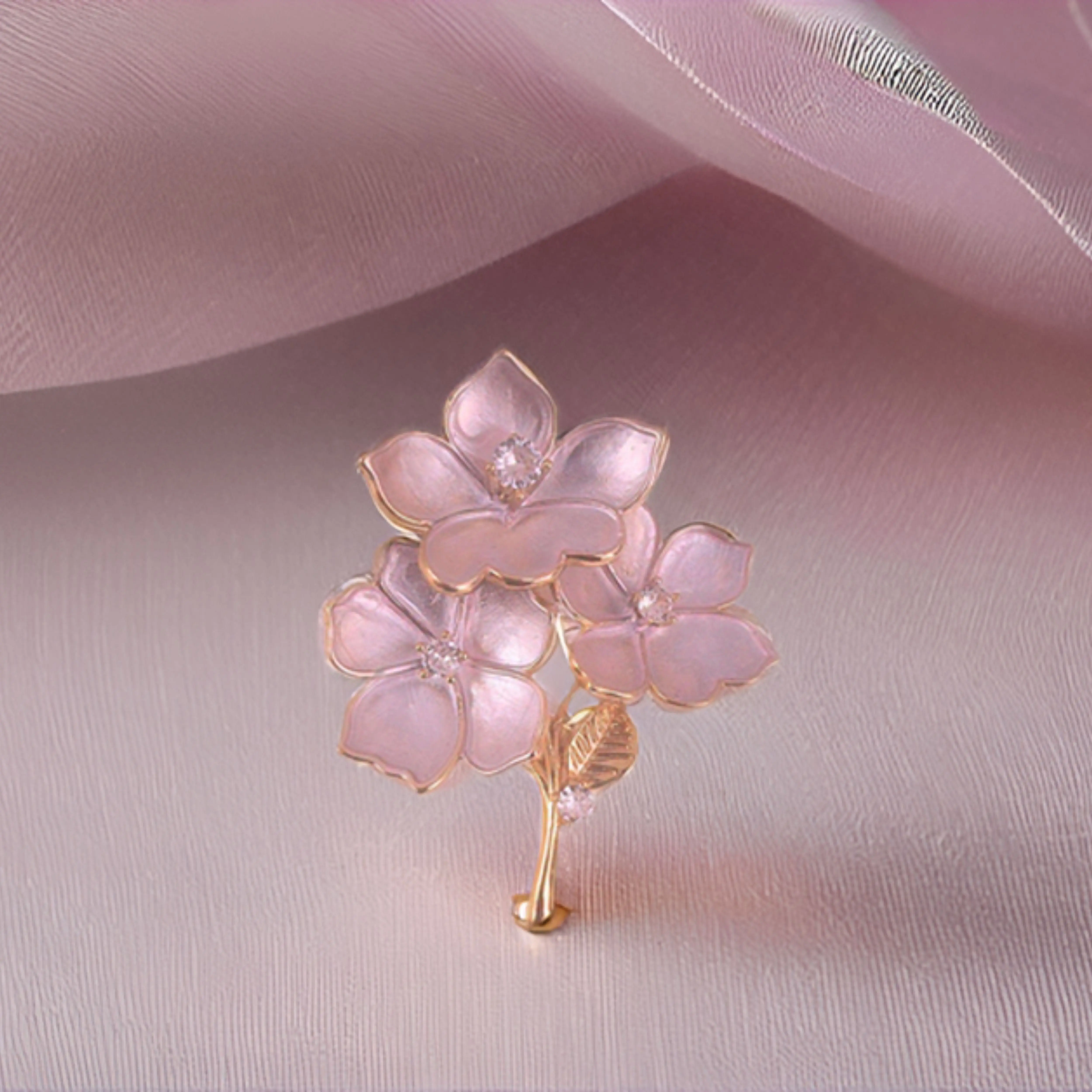 Elegant Shimmer Soft Pink Flower Blossom Zircon Gems Brooch Pin