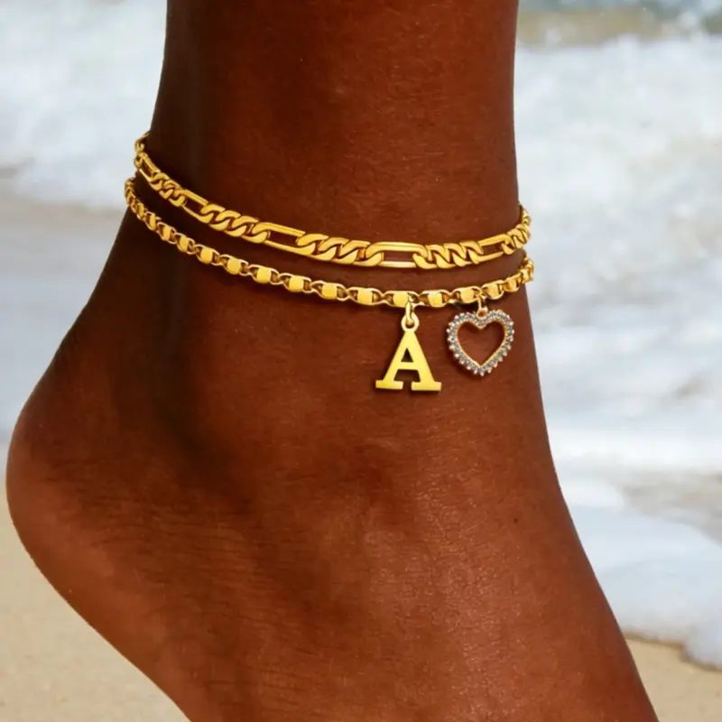 New 26 Letter and Heart Pendant Anklet, Stainless Steel Chain 2-Piece Set, Fashionable Women's Beach Foot Jewelry, Stylish Anklets for Summer, Personalized Jewelry Gift
