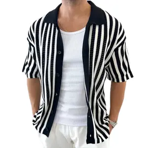 Kyn Apparel Vintage Turn-down Collar Buttoned Cardigan Tops Mens Knitting Short Sleeve Slim Shirt Summer Men Trendy Striped Crochet Shirts