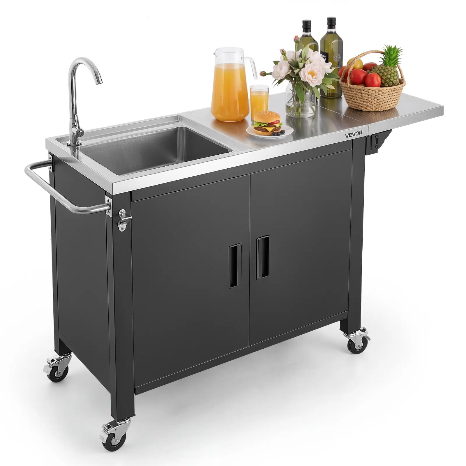VEVOR Outdoor Grill Cart with Sink and Storage Cabinet, 52 Inch Grill Table, Waterproof Kitchen Island with Stainless Steel Top, Spice Rack, Wheel, Movable Food Prep Station for Patio Bar Backyard BBQ
