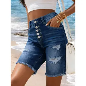 Women’s Ripped Denim Stretch Mid-Length Shorts, Casual Stylish Comfort for Everyday Wear, Perfect for Summer