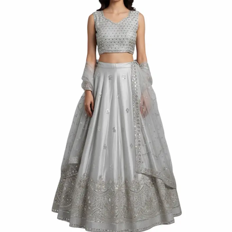 Silk lehnga sleeveless blouse with beautiful net dupatta