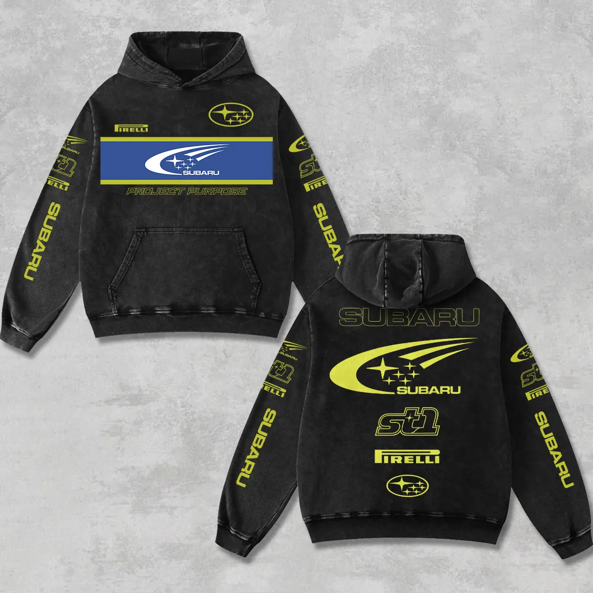 Retro Subaru STI Racing Hoodie Acid Washed Black, Project Purpose JDM Rally Car Enthusiast, Motorsport Off-Road Dirt Bike Graphic Streetwear, Retro Moto Gear Motorbike Apparel Men’s Grunge Y2K Racing Jacket Style