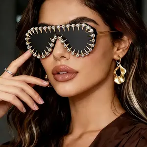 Spiked Rhinestone Sunglasses for Women Oversized Shield Shape with Crystal Studded Edges Luxury Gold Frame UV Protection Fashion Eyewear for Party Casual Wear