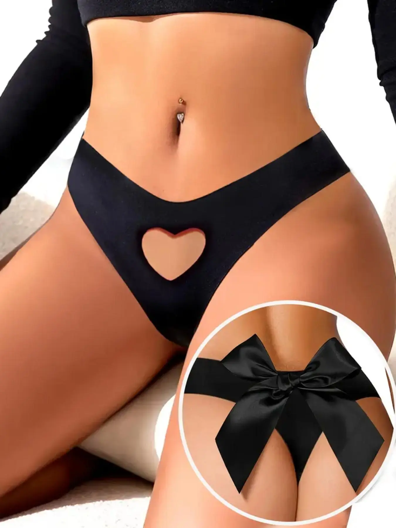 Women's Sexy Heart Lace Hollow Thong with Bow Decoration, Fitted Knitted Fabric for All Seasons, Elegant Intimate Apparel Underwear for Age 18 to 64