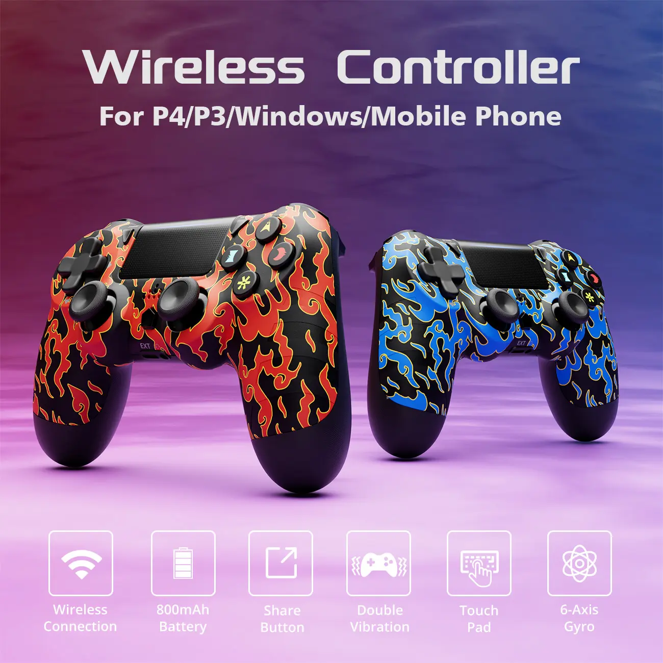 2 Pack Wireless Controller for PS4 Controller/Slim/Pro/Windows PC, PS4 Game Controller With Double Vibration, Touch Pad ,Six Axis Motion Control, Charging Cable