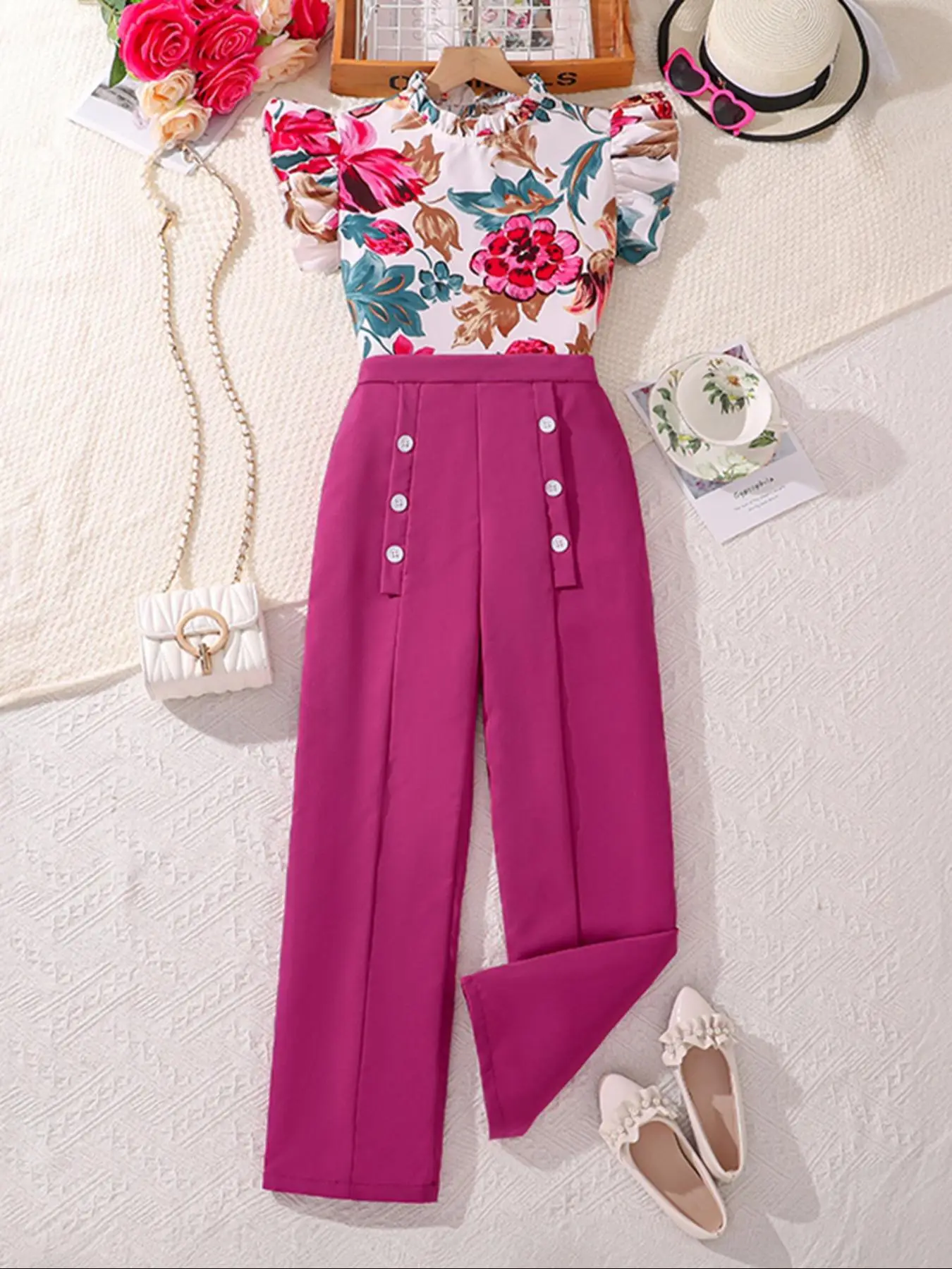 Two-Piece Set Girl's Floral Print Keyhole Neck Crop Tank Top & Wide Leg Pants Set, Casual Sleeveless Top & Pants for Summer, Kids Clothes for Daily We