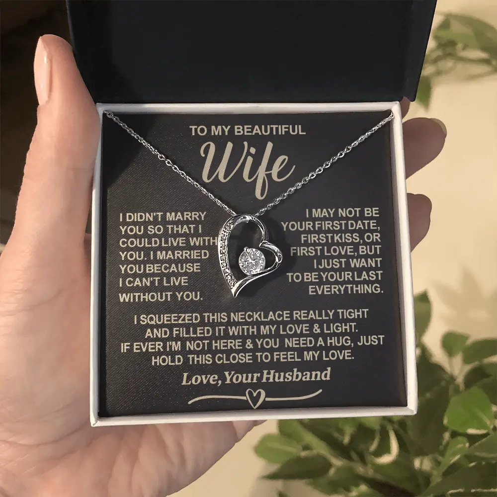 To My Wife Necklace From Husband, Forever Love Heart Pendant Jewelry with Message Card, Romantic Wedding Anniversary Birthday Gifts for Her, Soulmate Gift Box