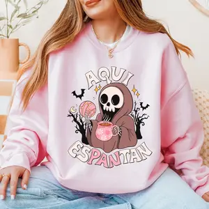 Aquí Espantan Concha Y Cafecito Spooky  Comfortable Unisex Sweatshirt Hoodie Comfy Menswear Oversized Womenswear Tops