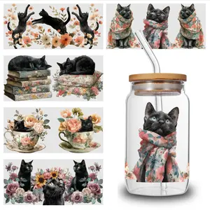 5 Sheets Cat Floral UV DTF Stickers Waterproof Decals Decorative Inspiring Designs Art Transfer Sticker Decal for 16 oz Tumbler