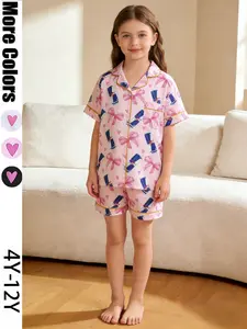 2-piece Children's Foundation Full-Body Powder Heart Bow Beverage Bottle Print Short Sleeve Shorts Soft Comfortable Top Small Pockets Elastic Waistband Suitable for Year-Round Home Casual Everyday Wear Pastel Cute Pajamas
