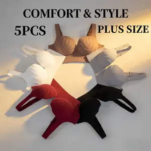 Wireless Side Support Bra For Plus Size Women Multi Color Gathering Design Minimal Chest Coverage Push Up And Anti Sagging Comfort No Steel Ring 5-Piece Collection Soft Fabric For Daily Wear All Day Comfort And Natural Shape