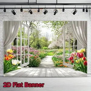 1PC,2D Flat Floral Garden Window Scene Photography Backdrop, 2D Flat Banner for Newborn Baby Kids Photo Studio, Indoor Live Stream Background, Professional Photography Props, Backdrop for Photo Boot