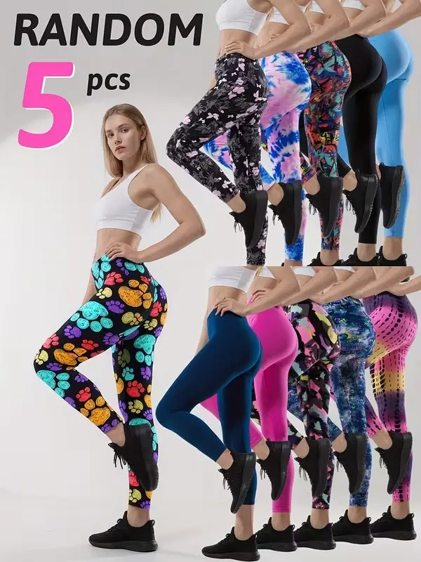 Random 5pcs Women Prints Stretchy Leggings