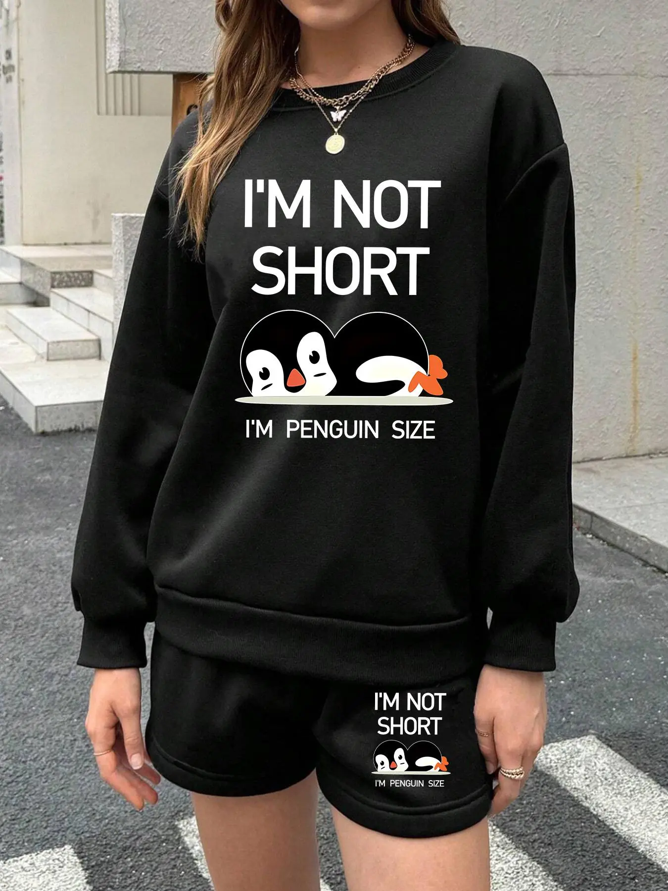 【Plus Size】 Two-Piece Set Penguin & Letter Print Sweatshirt & Shorts Set, Casual Round Neck Long Sleeve Pullover & Shorts, Women's Fall & Winter Clothes