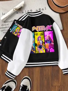 Girls' Halloween Christmas Short Baseball Jacket Coat, Casual Sports School Uniform, Elastic Fabric, Youth Fashion Outerwear, Fashion Fit Jacket