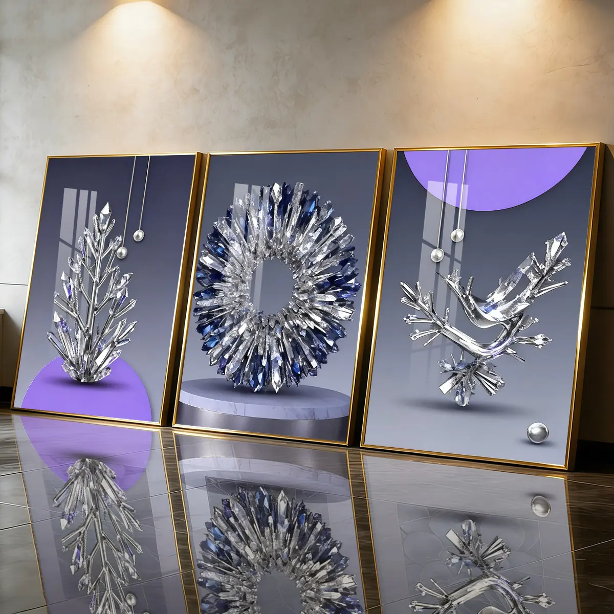 3Pcs Aluminum Alloy Framed Painting, Modern Cool Design, Crystal Metal Sculpture Art Picture, Decoration Items, Home Decoration For Living Room, Bedroom, Odorless Print Artwork, Perfect Gift For Friends And Family, Above Bed Wall Decor