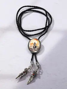 A Vintage Western Cowboy Bolo Tie, Sunset Horse Rider Design Leather Necktie, Silver Pendant Necklace for Men