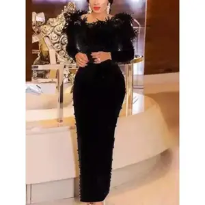 Featherbeadingpartydressforwomensexyoffshoulderlongsleeveelegantbodyconformaleventeveningweddingrobe