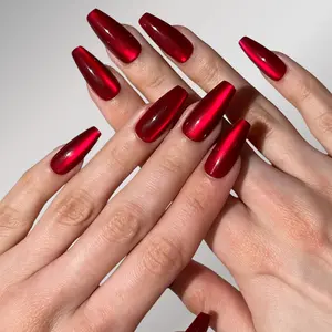 Red Ruby Coffin Press-On Nails - Glossy Finish, Dimensional Color Shift, Bold & Sophisticated Design for Glam Queens