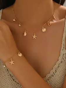 Boho Ocean Vacation Jewelry Set, Boho Style, Boho Ocean Theme, Metal Starfish Shell Pendant Necklace Bracelet, Fine Chain, Party Wear, Coordinated Jewelry, 2 Piece Set