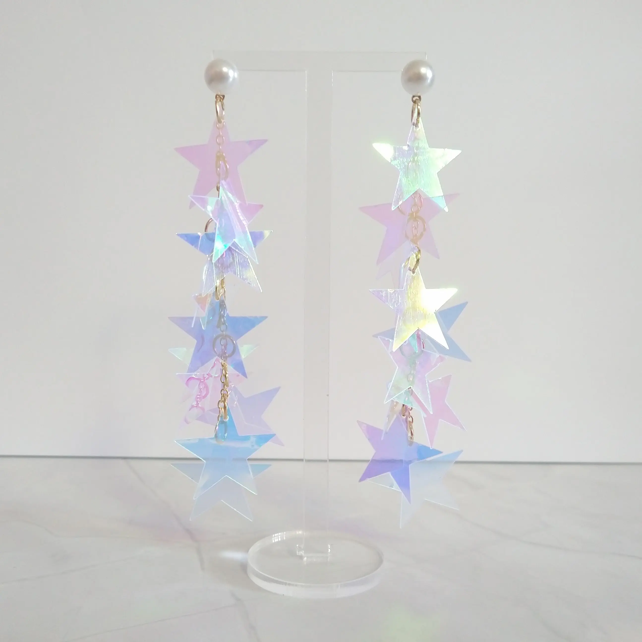 #378 Iridescent Dangle Stars with Faux Pearl Stud Earrings, Casual, Daily, Acrylic