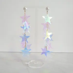 #378 Iridescent Dangle Stars with Faux Pearl Stud Earrings, Casual, Daily, Acrylic