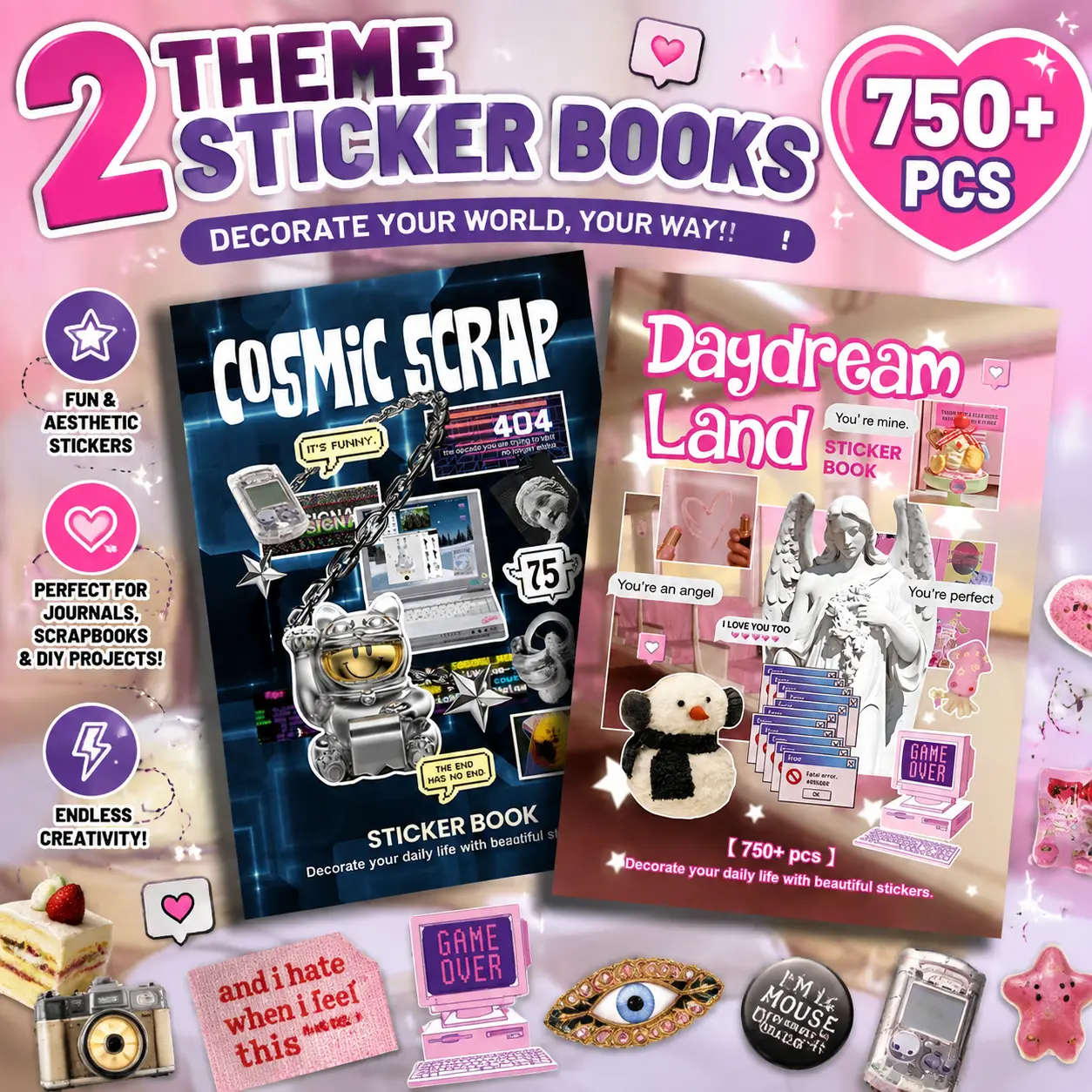 Daydream Land & Cosmic Scrap Sticker Book 2‑Pack Set, Y2K Aesthetic Retro Cyber Collage Stickers, 1450+ Pcs Pre‑Cut for Junk Journal Scrapbooking DIY Craft Decor