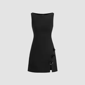 Cider [3 colors, size 0-26] Boat Neck Floral Split Mini Dress