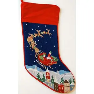 Festive Santa Reindeer Flight Wool Needlepoint Christmas Stocking
