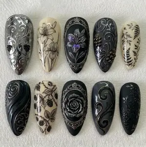 Handmade Gothic Vintage Press On Nails | 3D Black Floral & Ornate Frame Art | Dark Elegant Almond Set