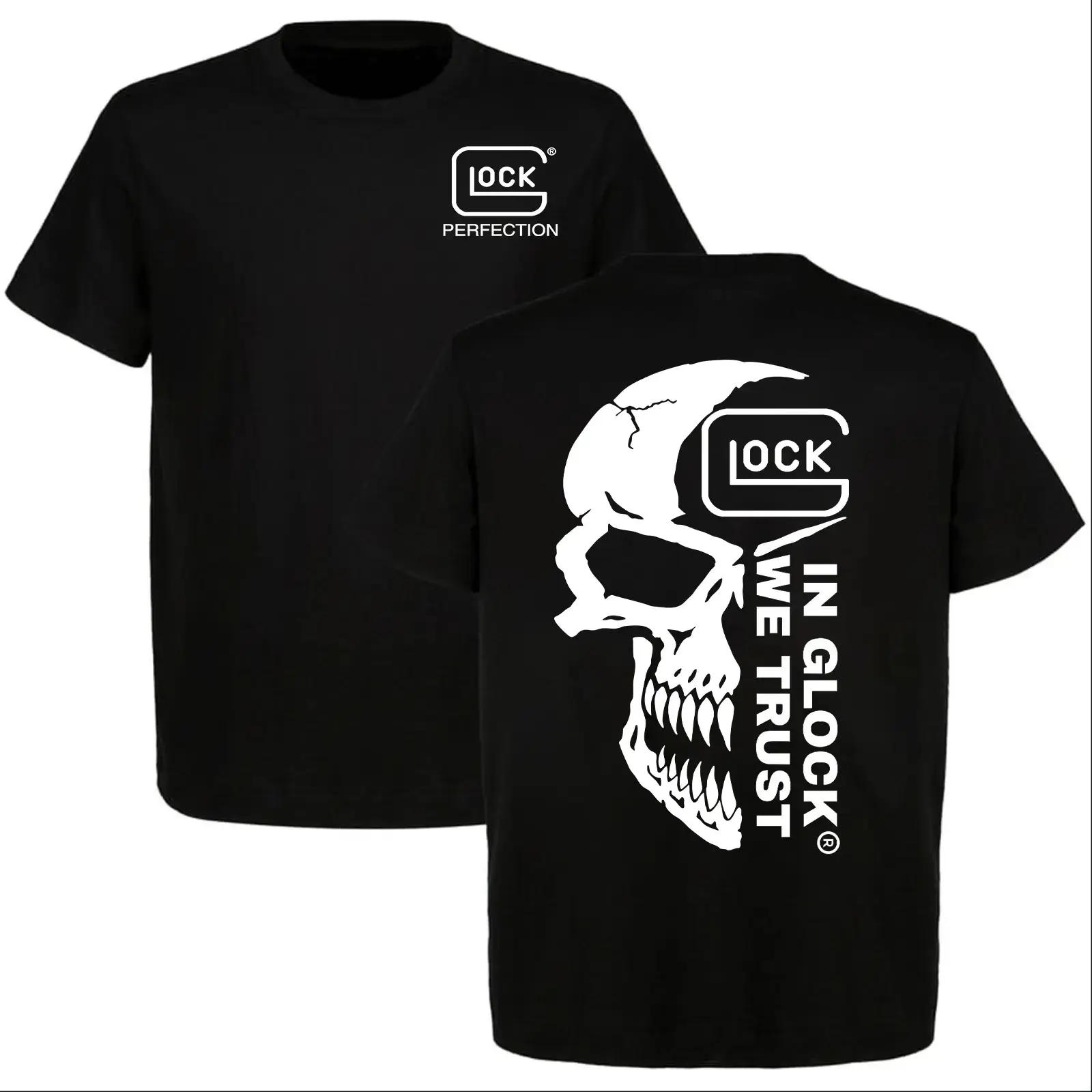 Men's Glock Skull Graphic 100% Cotton T-Shirt, Apparel Menswear Classic Round Neck Shortsleeve, "In Glock We Trust" Gun Lover Tactical Pistol 2A Shooting Range Vintage Tee, Soft Breathable Casual Summer Daily Wear