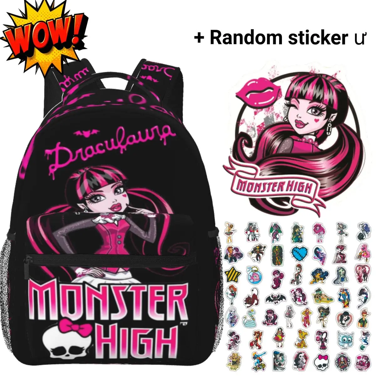 Monster High Backpacks for School Draculaura Black Pink All-Over Print, Large Capacity Sweet Goth Monster High Laptop Daypack for Campus Daily Commute, Cartoon Monster High School Bag Gift for Teens Girls Students Fans