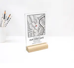 Personalized acrylic map our first date with wood stand for mother, wife, girlfriend, husband, boyfriend - custom coordinates, date, names