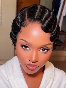 13x4 Lace Front Finger Wave Human Hair Wig, Super Natural Retro Style, Short Wet and Wavy Wig for Women, Elegant and Stylish Design