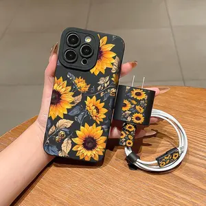 Sunflower Pattern Phone Case with Charger Head Cover & Cable Protector & Storage Rope, Shockproof Phone Case for iPhone, Casing