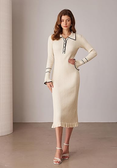 GRACE KARIN Women's Long Sleeve Sweater Dress ElegantSlim Fit V Neck Bodycon Pencil Knit Dress