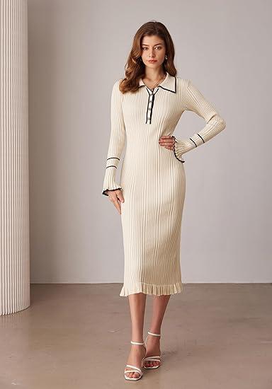 GRACE KARIN Women's Long Sleeve Sweater Dress ElegantSlim Fit V Neck Bodycon Pencil Knit Dress