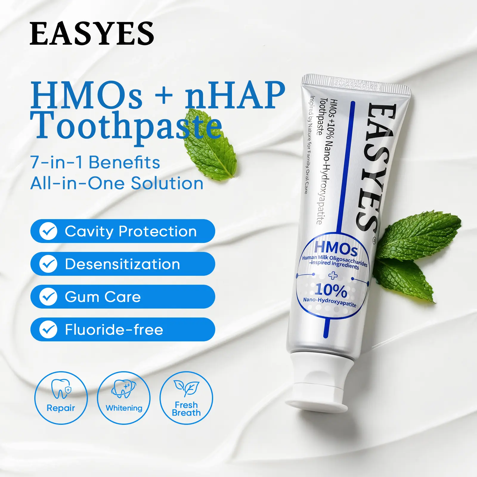 【Easyes】HMOs 10% Nano Hydroxyapatite toothpaste - Safe Formula Canker Sore Solutions enamel strengthening fluoride free whitening toothpaste for sensitive gums Fight Cavities fresh breath toothpaste whitening