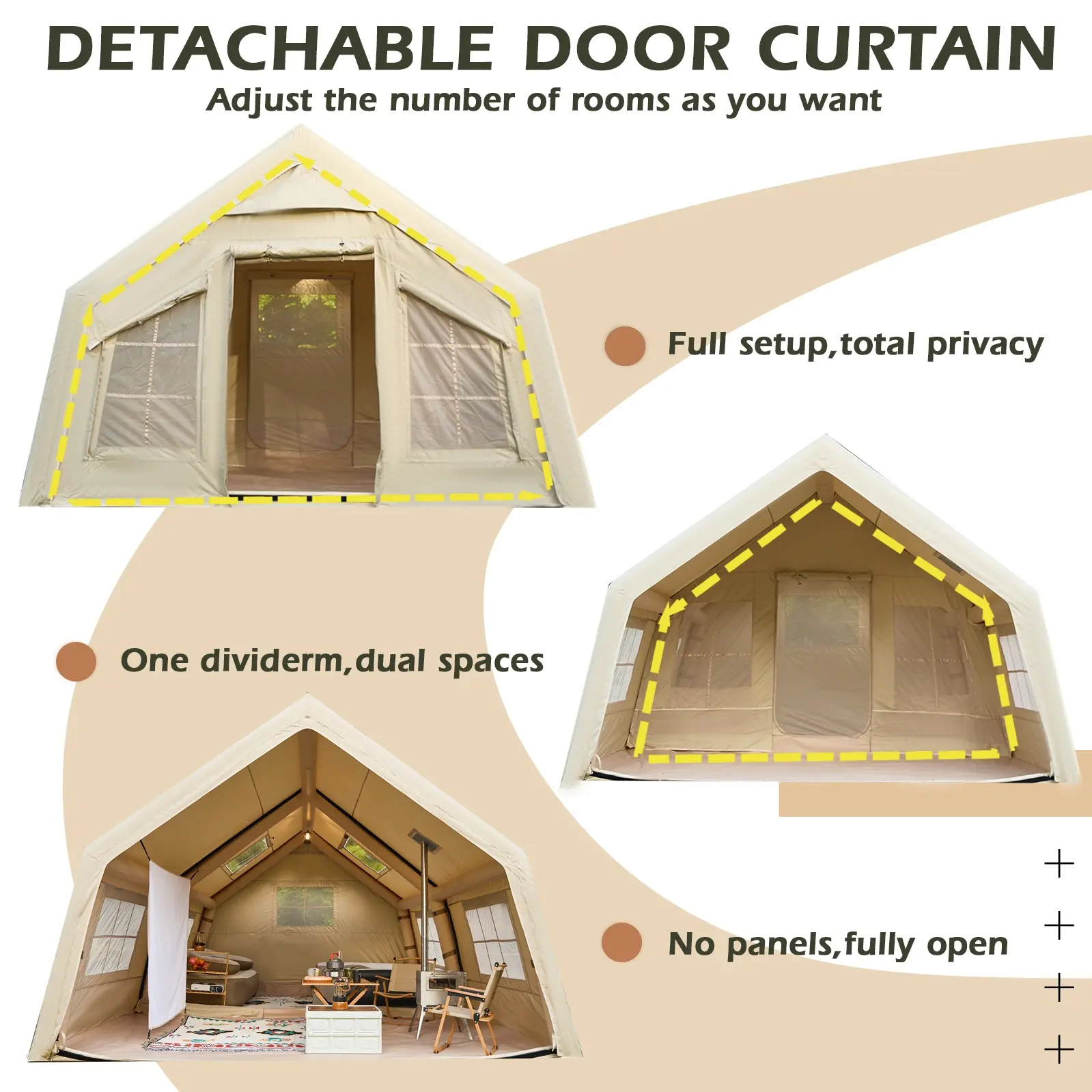 YOLENY 10-12 Person Extra Large Inflatable Camping Tent - 600D Oxford, Windproof &, Easy Setup with Movie Screen, Pump, Stove Jack, 4-Season Use, Beige, Inflatable Camping Tent, Outdoor Shelter, Modern Tent Design, Durable Tent Fabric