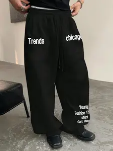 Men's Casual Sporty Long Pants, Los Angeles Lightning Pigeon Print, Drawstring Wide Leg Loose Fit, All Season Men's Clothing