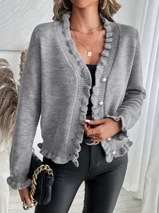 USEEN US 2026 New Women's Chic Grey Knitted Cardigan with Pearl Button Lace Detailing Ruffled Neckline & Cuffs Casual Fashionable Minimalist Crewneck Sweater