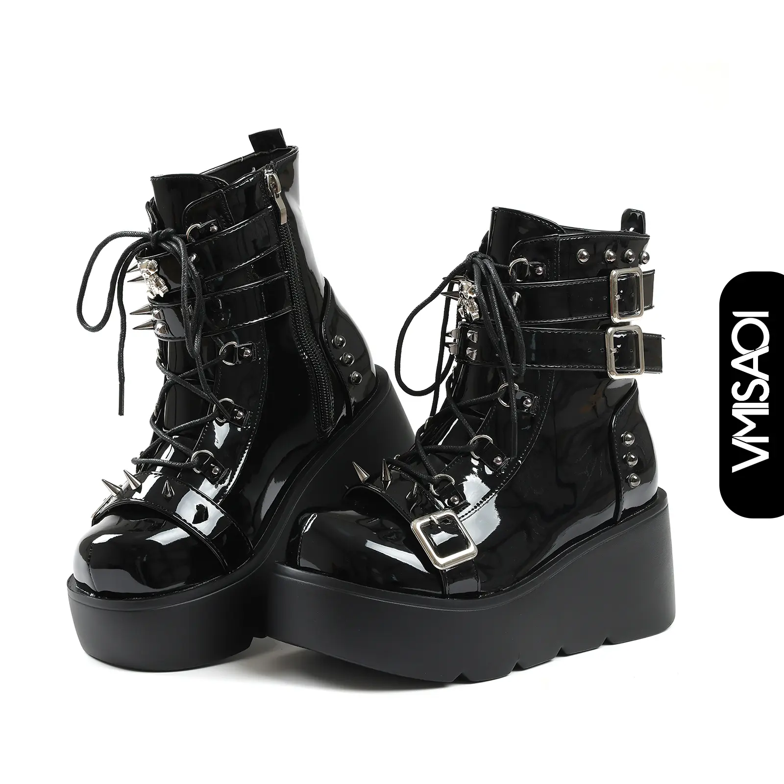 Women Combat Boots Platform Ankle Round Toe Side Zipper Lace Up Studded Buckle Straps Gothic Punk Spike Emo Y2K Fashion Rock Concert Music Festival Event Cosplay Halloween Rave Streetwear Date Summer Lightweight Comfortable Modern Booties