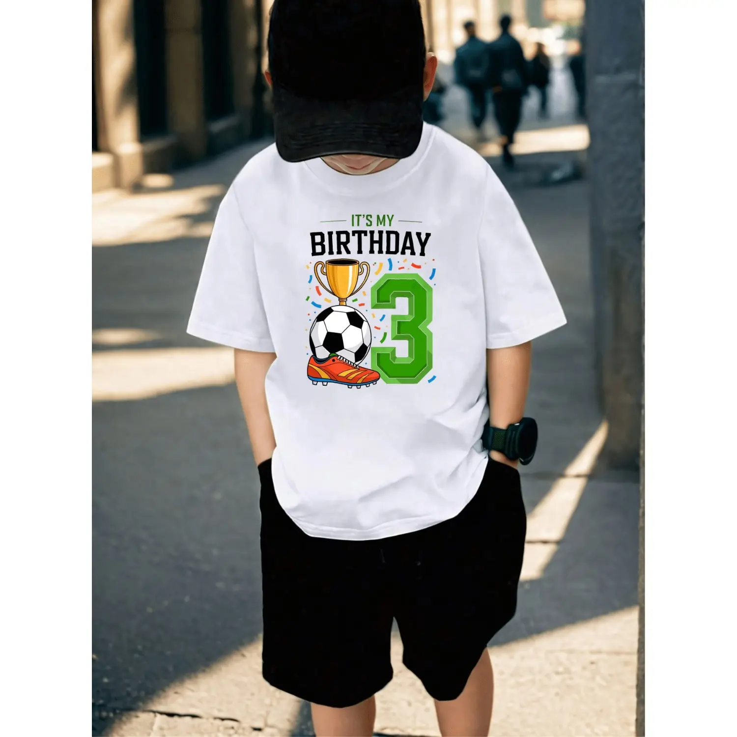 MAWOTEA [T-shirt Only] Soccer Trophy Ball And Number Birthday Print T Shirt Kids Casual Wear For Birthday Party